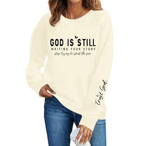 PAIEXILY Christian Crewneck Sweatshirts for Women God Faith Bible Verse Pullover Jesus Religious Long Sleeve Shirts Tops - color: Apricot, size: Medium