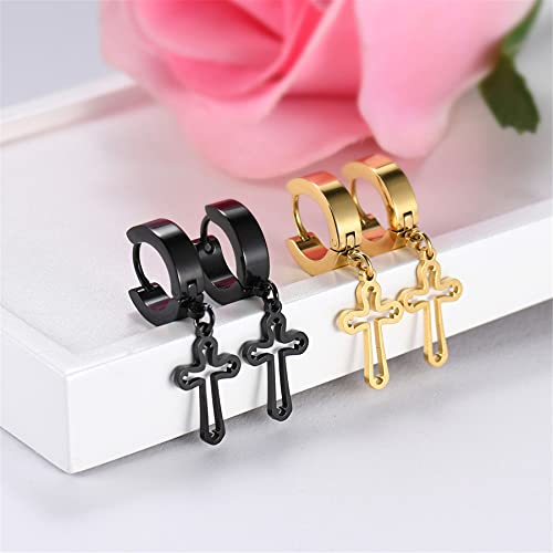 Cupimatch 3-6 Pairs Stainless Steel Cross Dangle Huggie Hinged Hoop Earrings for Men Women (1 Pair Silver Cross) for Mother's Day - color: cross-9pack