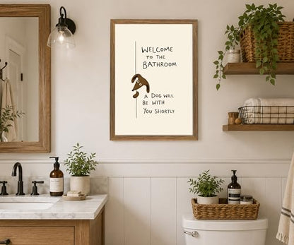 Funny Dog Bathroom Wall Art, Framed Canvas Print 12x16 In - color: Cream, Brown, Black, Natural Wood, size: 12"L x 16"W