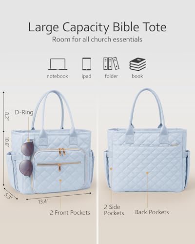 Large Bible Bag with Bible Cover Case for Women, Quilted Bible Tote Bag - color: Grayishi Blue
