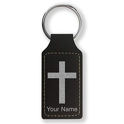 LaserGram Rectangle Keychain, Christian Cross, Personalized Engraving Included - color: Black With Silver