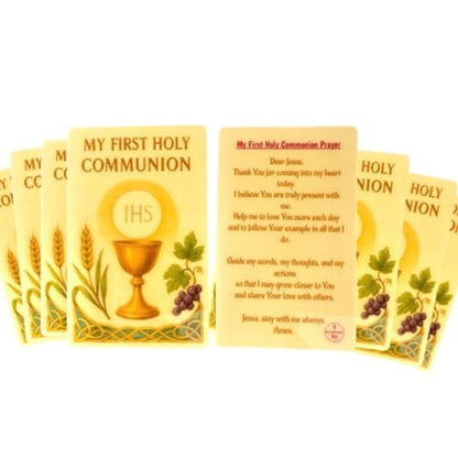 Westmon Works First Holy Communion Prayer Cards Set of 10 – Laminated Catholic Keepsake Cards – Made in USA – IHS Chalice Design – Perfect First Communion Gifts & Party Favors