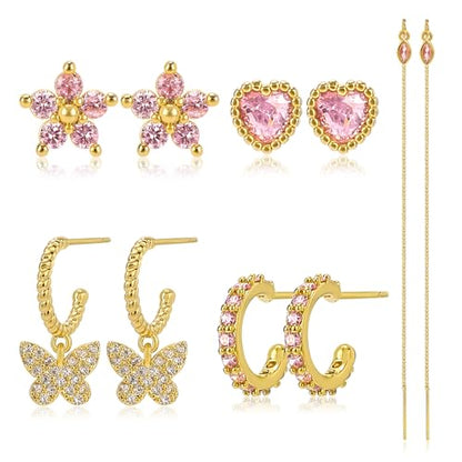 Gold Earrings Set for Women 14K Gold Plated Cubic Zirconia Love Heart Bowknot Clover Fruit Flower Insect Ocean Cross Huggie Hoop Earrings Stud Earrings Set for Multiple Piercing Party Jewelry Gifts - style: Butterfly and Heart