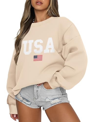 Micoson Women's Oversized USA Graphic Letter Print Sweatshirts Crewneck Patriotic Fleece Pullover Tops Winter Sweater - color: Apricot, size: Large