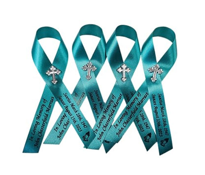 Personalized Memorial Service Funeral Ribbon Pins 20 Cross Religious Celebration of Life Custom Made Awareness Remembrance Anniversary Death Cross Sympathy Name Angel - color: Teal