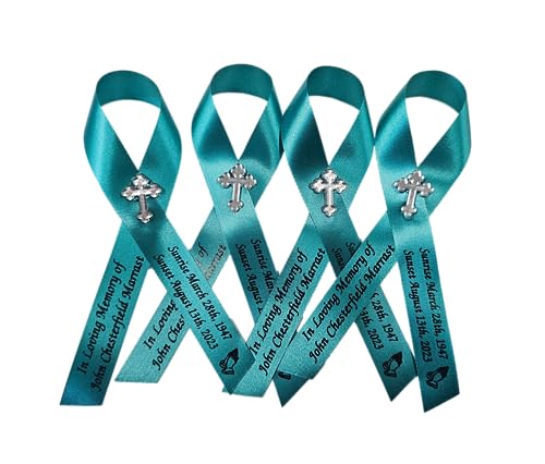Personalized Memorial Service Funeral Ribbon Pins 20 Cross Religious Celebration of Life Custom Made Awareness Remembrance Anniversary Death Cross Sympathy Name Angel - color: Teal