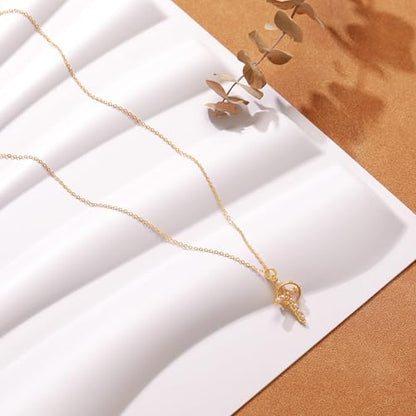 925 Sterling Silver Cross With Crown Necklace for Women 16+2 Inch - color: Gold + Pearl