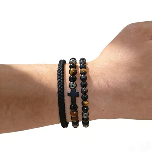 Gifts for Men Bracelets Triple Protection Cross Bracelet 8mm Black Obsidian Hematite Tiger Eye Beaded Natural Stone Bracelets Birthday Jewelry Gifts Cross Christian Gift for Him Husband Son - color: 1--Triple