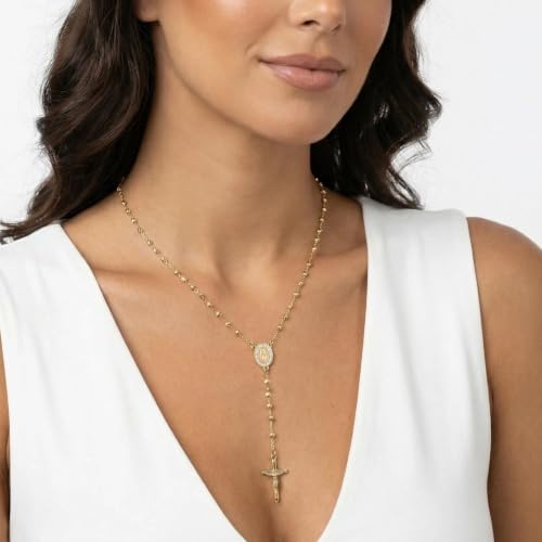 Women's Gold Catolicos Rosary Necklace - 14k Gold Plated Virgin Mary Rosary Bead Cross Necklaces, Non Tarnish Gold Catholic Y Chain Necklaces, Religious Rosary Bead Crucifix Necklace Jewelry for Women - color: Gold-Style1