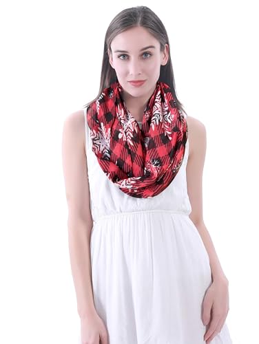 Lina & Lily Holiday Christmas Pattern Print Women's Infinity Scarf Lightweight - color: Red Black White, Xmas Snowflake Plaid