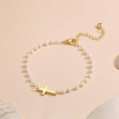 Moodear Cross Bracelet for Women, Dainty Sterling Silver/Gold Plated Gift - color: Pearl Gold Cross Bracelet
