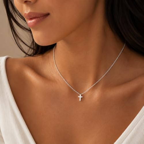 Dainty Tiny Cross Necklace for Women, Stainless Steel Rolo Chain Minimalist Mini Cross Pendant Necklace, Adjustable Simple Faith Christian Jewelry Gift for Women Teen Girls Her