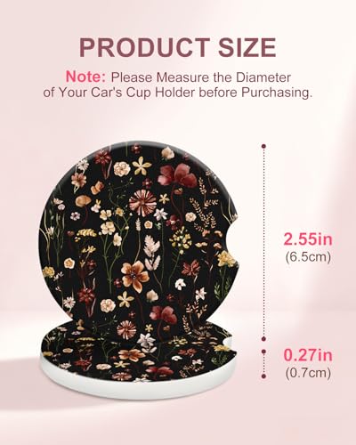 Swooflia Floral Absorbent Ceramic Car Coasters Set of 2, Cute Botanical Wildflower Cup Holder Coasters for Car, Black Vintage Flower Car Accessories for Women, Unique Gifts for Mom, Friends, Teachers - color: Black Vintage Flower