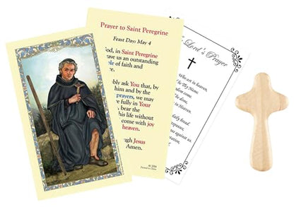 Trendzeen Saint Peregrine Holy Card - Hand Held Comfort Cross, The Lord's Prayer - Laminated Double Sided Saint Peregrine Card - St Peregrine Patron Saint of Cancer Patients Themed Set - 3 Items