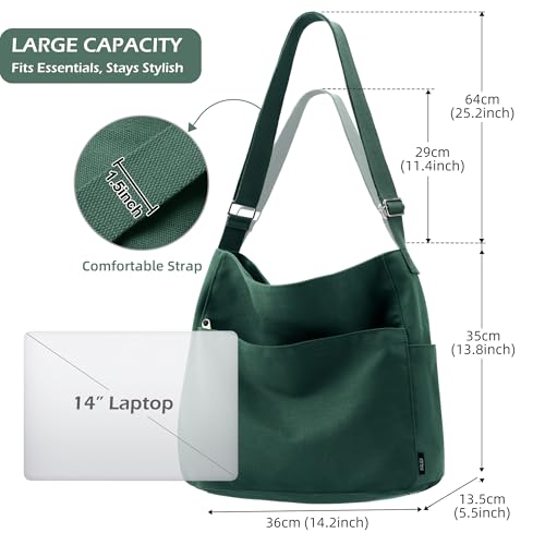 KALIDI Canvas Tote Bag Zipper Large Crossbody Shoulder Bag Messenger Bag - color: Alpine Green