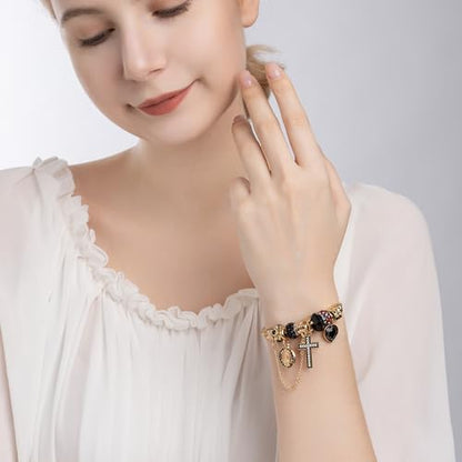 A&K Collections Mothers Day 18K Gold Beads Easter Basket Stuffers Bangle with Rhinestones Pandora Style Trendy Cross Heart Charm Luxury Adjustable Bracelet for Women Teen Girl Gifts Trendy Stuff Religious Jewelry - color: 18K GOLD/Black Charms