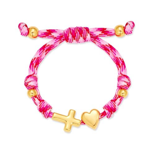 Pink Bracelets for Women Dainty Bubble Heart Cross Knotty Bracelet 14K Gold Plated Handmade Adjustable Rope Bracelets Jewelry Sunmmer Gifts