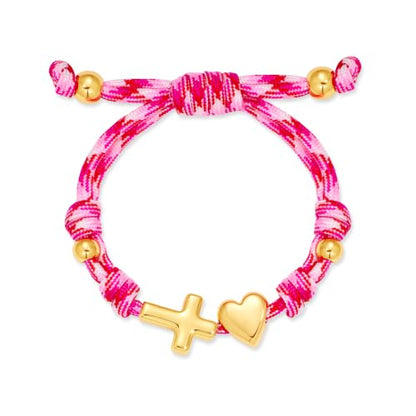 Pink Bracelets for Women Dainty Bubble Heart Cross Knotty Bracelet 14K Gold Plated Handmade Adjustable Rope Bracelets Jewelry Sunmmer Gifts