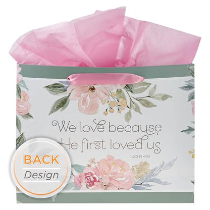 Christian Art Gifts Large Gift Bag with Card & Tissue, He First Loved Us - color: First Love Us/Green & Pink, style: Large Landscape