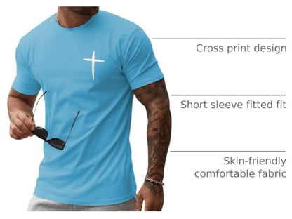 Mens Short Sleeve Cotton T-Shirts Crew Neck Jesus Cross Printed Shirts Faith Christ Shirts - color: Sky Blue, size: Small