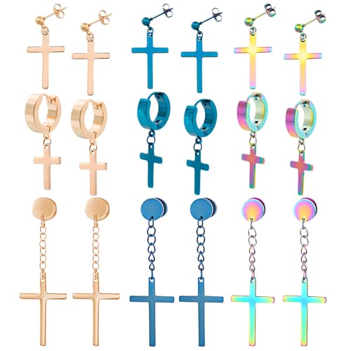 NEWITIN 9 Pairs Cross Earrings for Men Women Stainless Steel Earrings Set - color: Classic Colorful