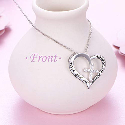 S925 Sterling Silver Christian Cross Heart Faith Bible Verse Necklace Rings - style: with god all things are possible