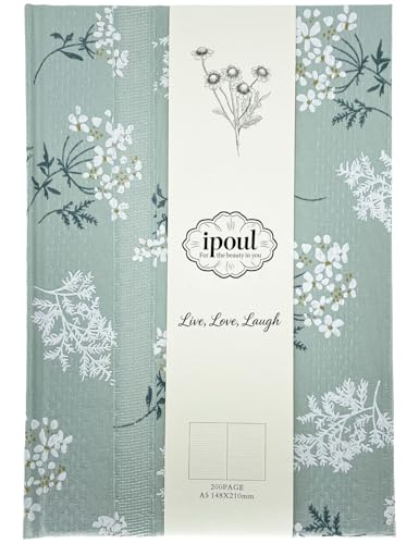 Floral Hardcover Notebook, Flower Journal for women, A5, 200 Pages, 6x8 Medium Lined Notebook, Floret Printed Fabric Cloth, Similar Embroidered Linen, Garden Journal, Green. - color: Floret Green