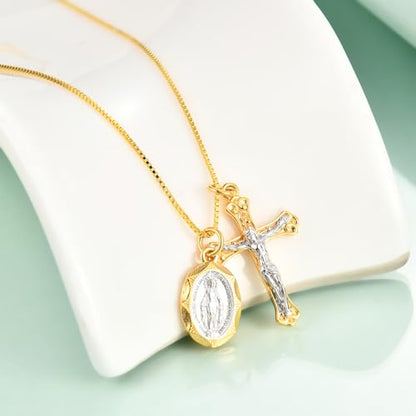 Rnivida 925 Sterling Silver Crucifix Cross and Miraculous Medal Pendant Necklace for Women - color: Gold, size: 18 inches