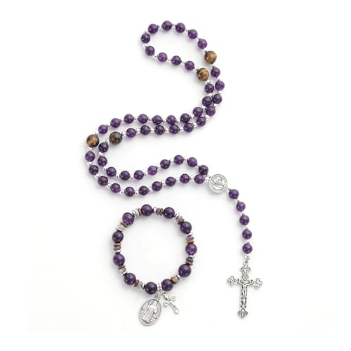 Rosary for Men Women, Natural Stone Beads with St. Benedict Bracelet - color: Purple