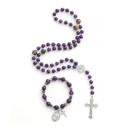 Rosary for Men Women, Natural Stone Beads with St. Benedict Bracelet - color: Purple