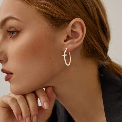 Gold Cross Earrings for Women 14K Gold Hoop Earrings Shining Trendy with Cubic Zirconia Mix of Style and Personality Large CZ Hoops Earring 30/35/40mm - size: 30mm