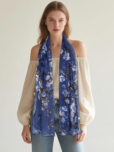 GERINLY Lightweight Scarves Fashion Print Cotton Feel Scarf for Women Shawl - color: Darkblue