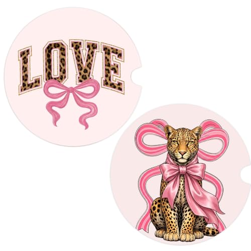 Pink Car Coasters Set of 2, Cute Cheetah Bows Car Ceramic Accessories, 36 - color: Cute Cheetah Bows