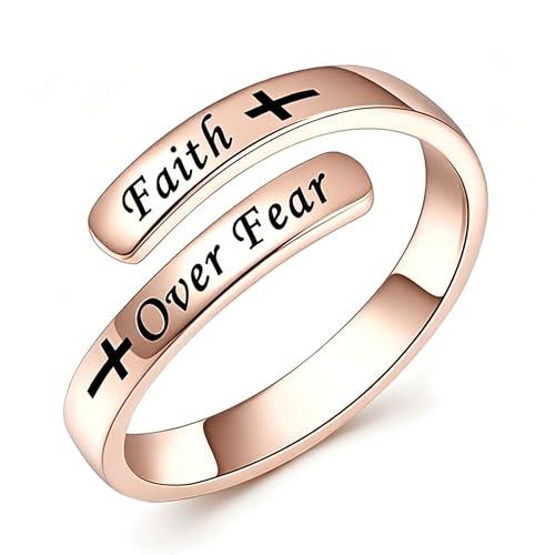 Faith Over Fear Cross Inspirational Rings for Women Daughter, Christian Blessed Hope Love Encouragement Rings Adjustable Open Tiny Purity Wrap Thumb Cross Ring Jewelry Graduation Cocktail Party - color: Rose Gold