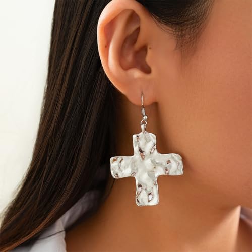 Chunky Gold Silver Cross Drop Dangle Earrings for Women Statement Western - color: Silver