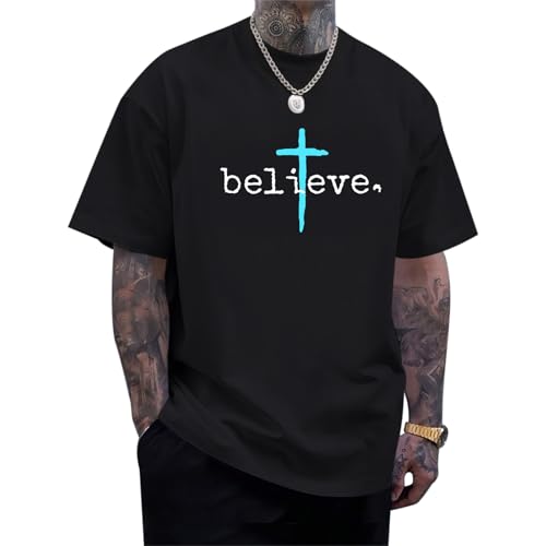 BeWithYou Christian Shirts for Men Vintage Faith Jesus God Tshirt Inspirational Cross Bible Verse Shirt Oversized Graphic Tee - color: Black, size: Medium