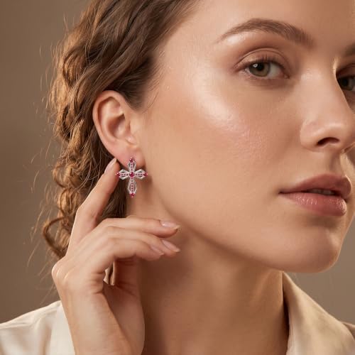 Sterling Silver Dainty Cross Earrings For Women, Christian Religious Faith Cubic Zirconia Stud Earrings - color: ruby