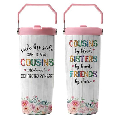 Hiboss Cousin Gifts for Women, Cousin Tumbler with Handle and Flip Straw 28oz, Insulated Stainless Steel Travel Cup Mug, Birthday Gifts for Female Cousins Sisters Friends - color: Cousin