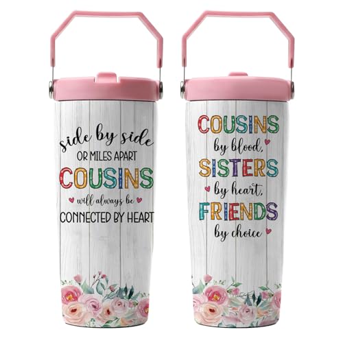 Hiboss Cousin Gifts for Women, Cousin Tumbler with Handle and Flip Straw 28oz, Insulated Stainless Steel Travel Cup Mug, Birthday Gifts for Female Cousins Sisters Friends - color: Cousin
