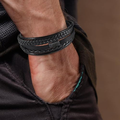 Leather Bracelet for Men Braided Stainless Steel Mens Bracelets - color: Black-BlackBuckle