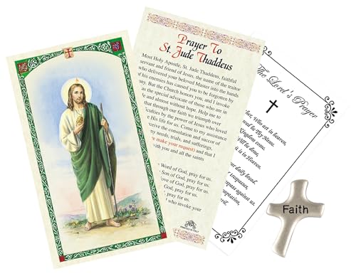 Trendzeen St Jude Prayer Card - Laminated Saint Jude Prayer Card, Silver Handheld Faith Cross, The Lord's Prayer - Patron Saint of Hope and Impossible Causes Themed Set of 3 Items