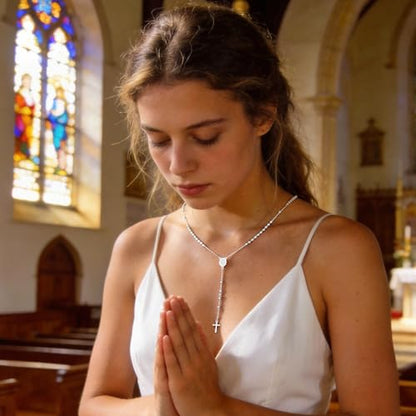 Rosary Cross Necklace for Women, Gold Plated Silver Black Virgin Mary Rosary Bead Necklace Catholic Jewelry - color: Silver