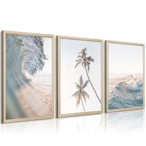 Lhoiplme Beach Wall Art Decor Coastal Ocean Poster Palm Tree Canvas Wall Decor Beachy Room Aesthetic Pictures Blue Waves Prints Beach Coasta Artwork for Bedroom Living Room 12x16 Inch Framed Set of 3 - color: Coconut Tree Prints, size: 12x16 Inch Framed