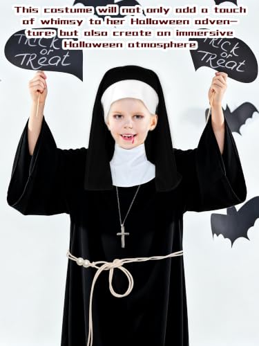 8 Pcs Halloween kids Nun Costume Set with Nun Outfit Hat Belt Gloves Socks Cross Necklace Book and Rose Wreath St Rose of Lima Halloween Nun Outfit for Girls