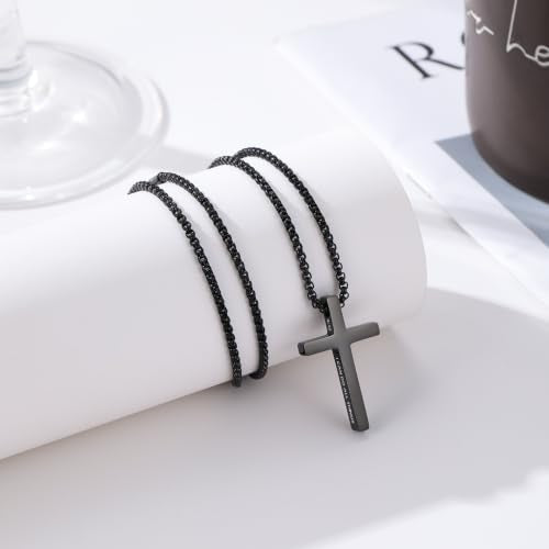 Small Cross Necklace for Boys Baptism Christmas Confirmation Valentines Easter Birthday Gifts to Teens Son Grandson Nephew - color: black, style: bless this boy-1