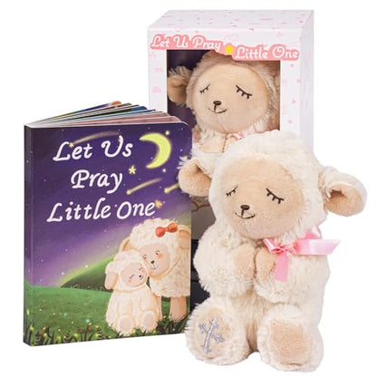 MyMateZoe Baptism Gifts for Girl, Great Christening, Dedication and Baptism Gift Set for Girl and Newborn Baby, Includes 7" Praying Lamb Plush Toy and Let Us Pray Baby Book in Keepsake Gift Box - color: Pink-lamb