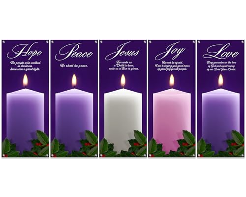 5Pcs 2x5 Ft Religious Church Banner with Scripture Christian Candles Banners for Sanctuary Wall Hope Peace Joy Love Jesus Prayer Flag Welcome Religious Praise Hanging Signs Decor for Holiday Church - size: 2x5Ft