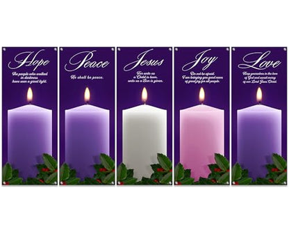 5Pcs 2x5 Ft Religious Church Banner with Scripture Christian Candles Banners for Sanctuary Wall Hope Peace Joy Love Jesus Prayer Flag Welcome Religious Praise Hanging Signs Decor for Holiday Church - size: 2x5Ft