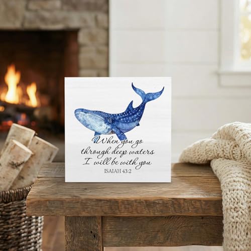Christian Coastal Whale Wooden Box Signs Desk Decor, Christian Beach Home Decor, Bible Verse Religious Wooden Signs Desk Decorations for Home Bedroom Office Tabletop Shelf Wall, 5x5in