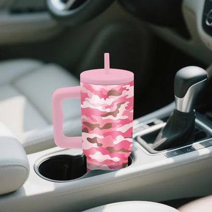 24 oz Pink Leopard Camouflage Tumbler with Handle and Straw, Leopard Gifts - color: Pink Camouflage